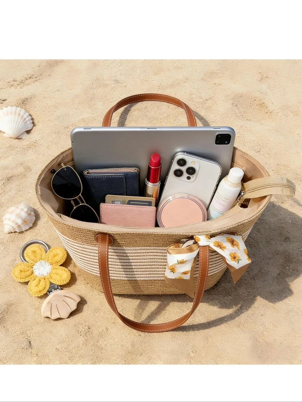 Straw Tote Bag in Tan with Yellow Flower Charm